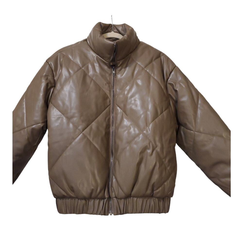 NEW Lush Faux Leather Puffer Coat Jacket Womens Small Taupe Brown Trending